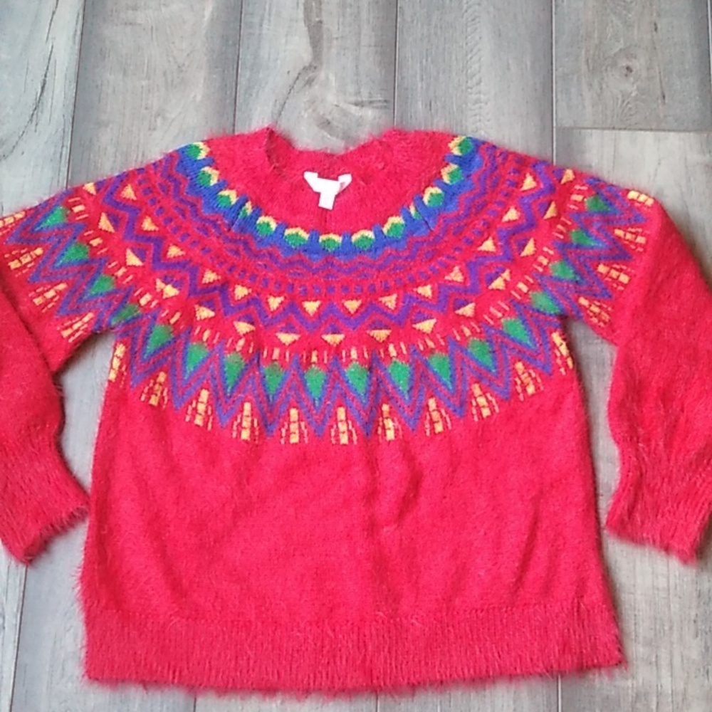 Time and Tru Bold Colorful Sweater Red Furry Cozy SIZE S UGLY SWEATER PARTY
